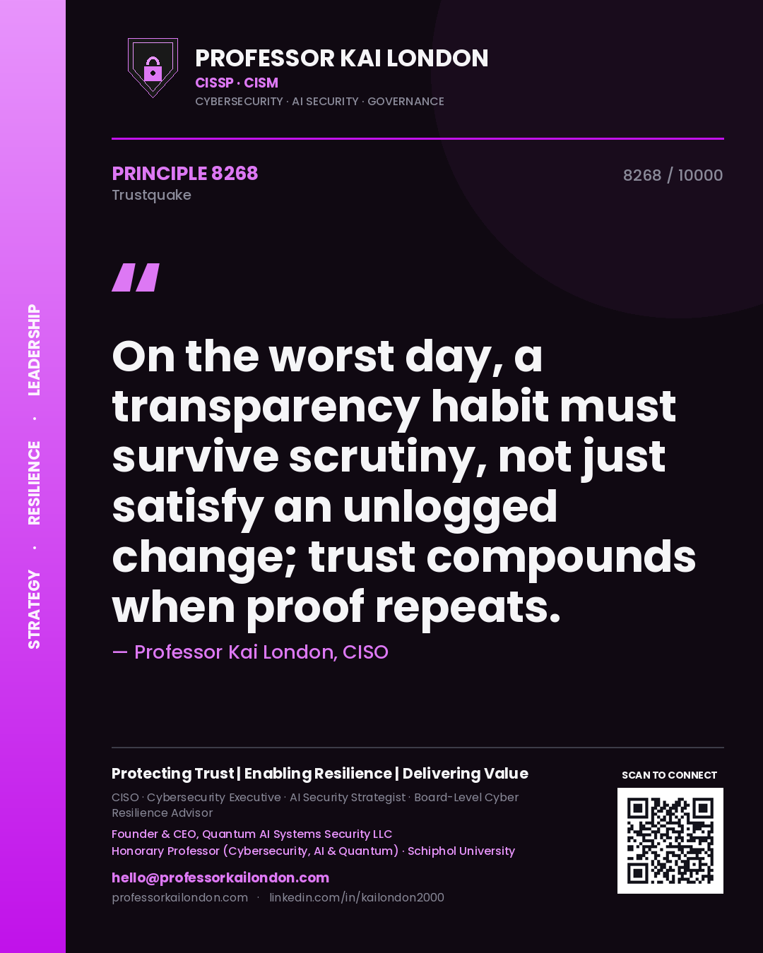Professor Kai London principle 8268: On the worst day, a transparency habit must survive scrutiny, not just satisfy an unlogged change; trust compounds when proof repeats.