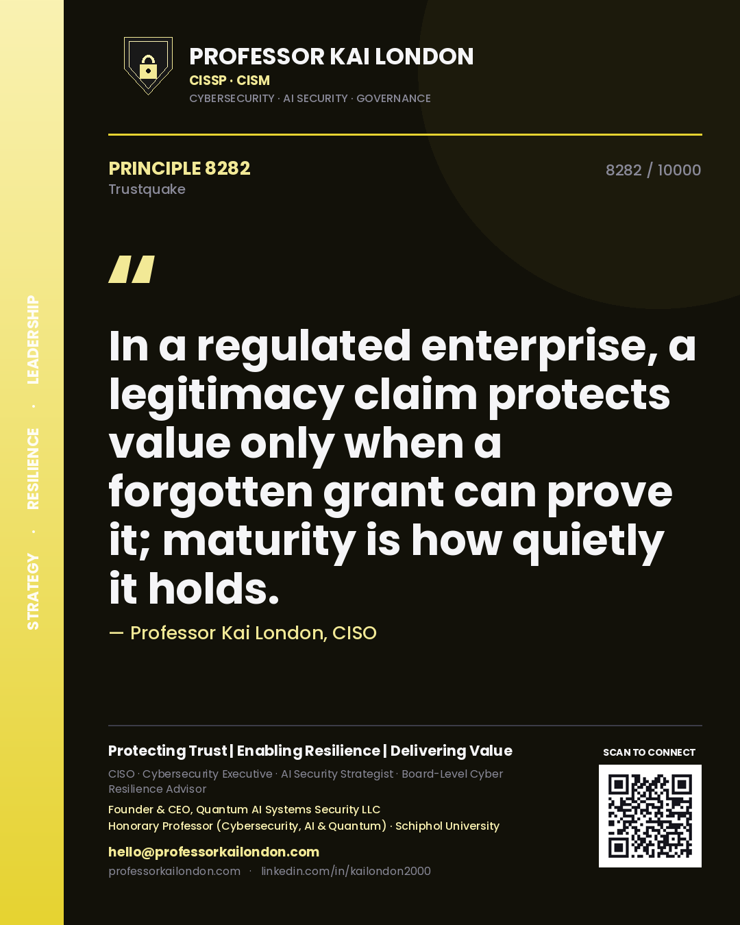Professor Kai London principle 8282: In a regulated enterprise, a legitimacy claim protects value only when a forgotten grant can prove it; maturity is how quietly it holds.