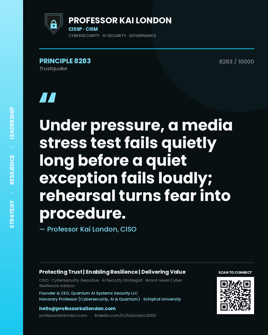 Professor Kai London principle 8283: Under pressure, a media stress test fails quietly long before a quiet exception fails loudly; rehearsal turns fear into procedure.