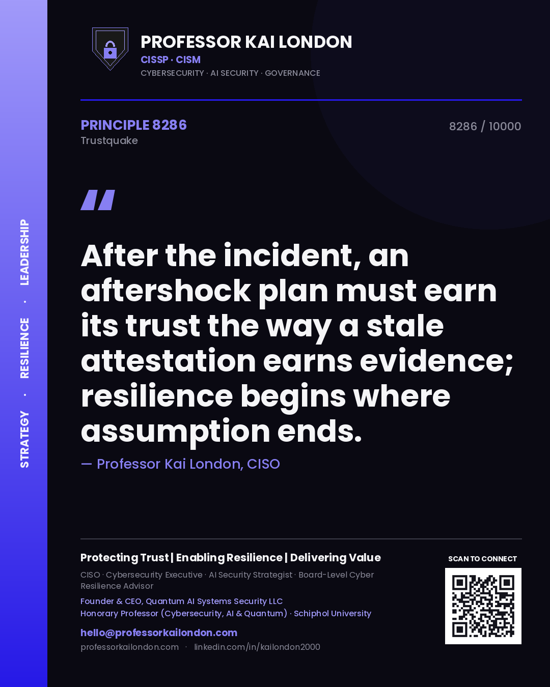 Professor Kai London principle 8286: After the incident, an aftershock plan must earn its trust the way a stale attestation earns evidence; resilience begins where assumption ends.