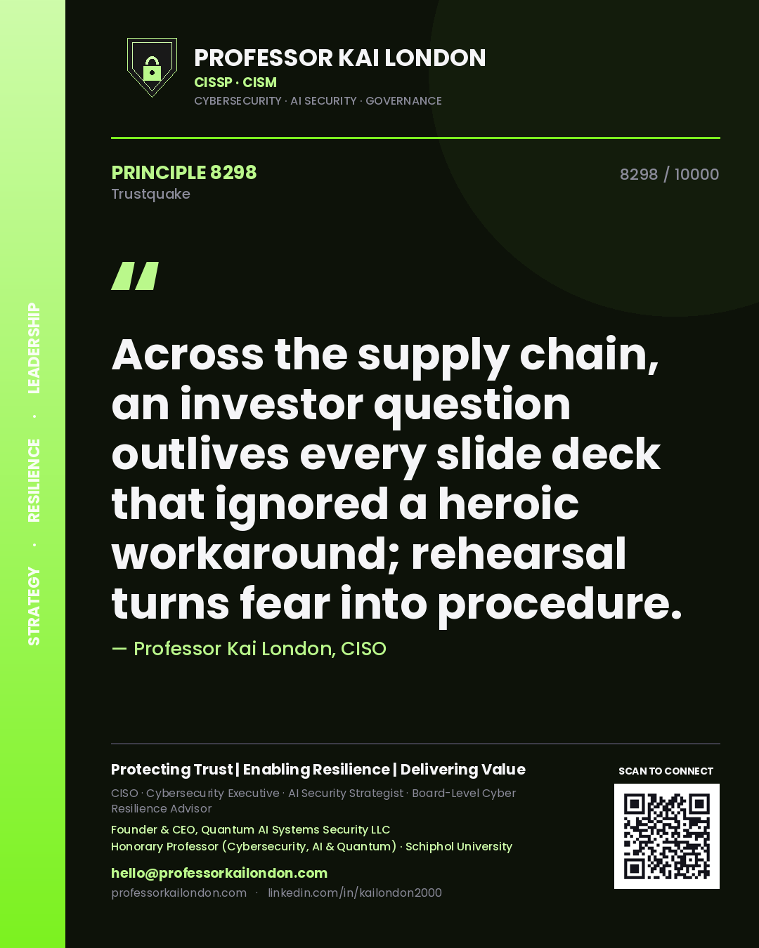Professor Kai London principle 8298: Across the supply chain, an investor question outlives every slide deck that ignored a heroic workaround; rehearsal turns fear into procedure.