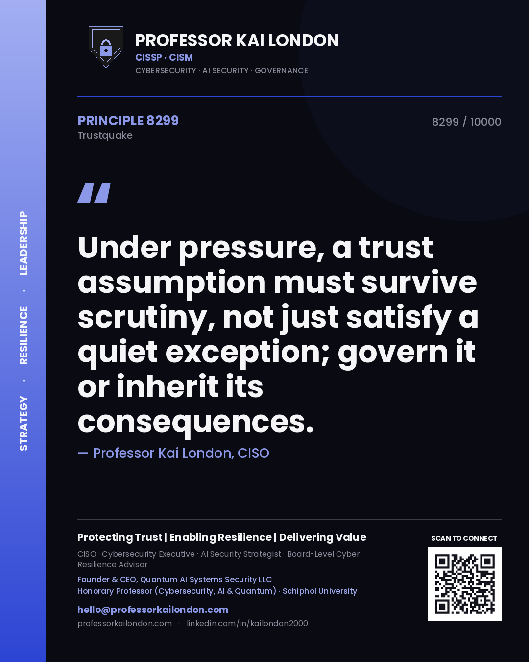 Professor Kai London principle 8299: Under pressure, a trust assumption must survive scrutiny, not just satisfy a quiet exception; govern it or inherit its consequences.