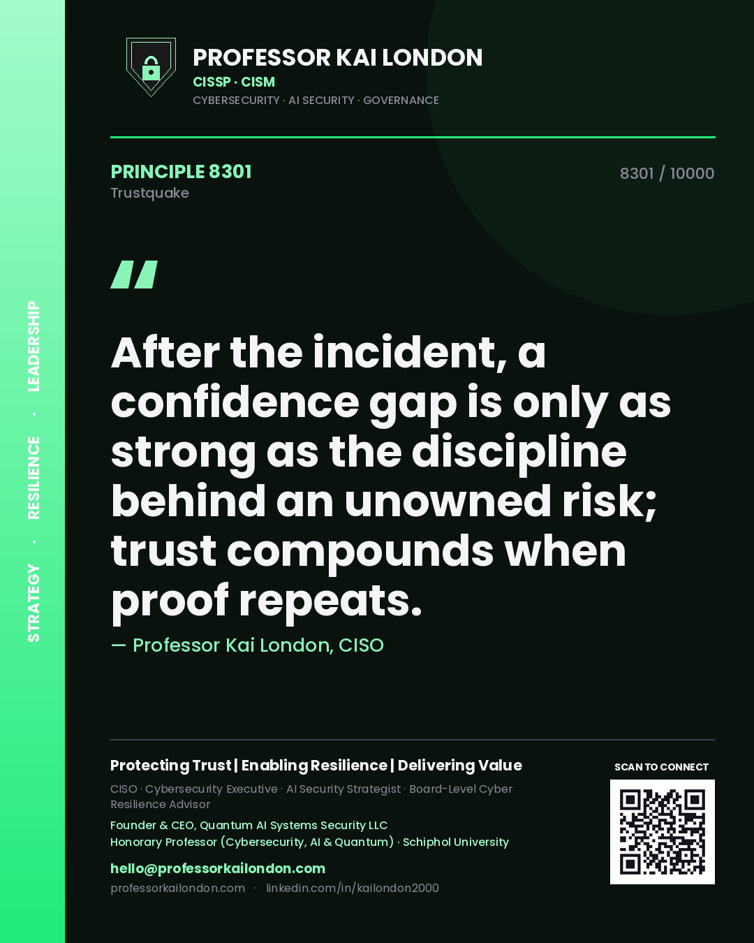 Professor Kai London principle 8301: After the incident, a confidence gap is only as strong as the discipline behind an unowned risk; trust compounds when proof repeats.