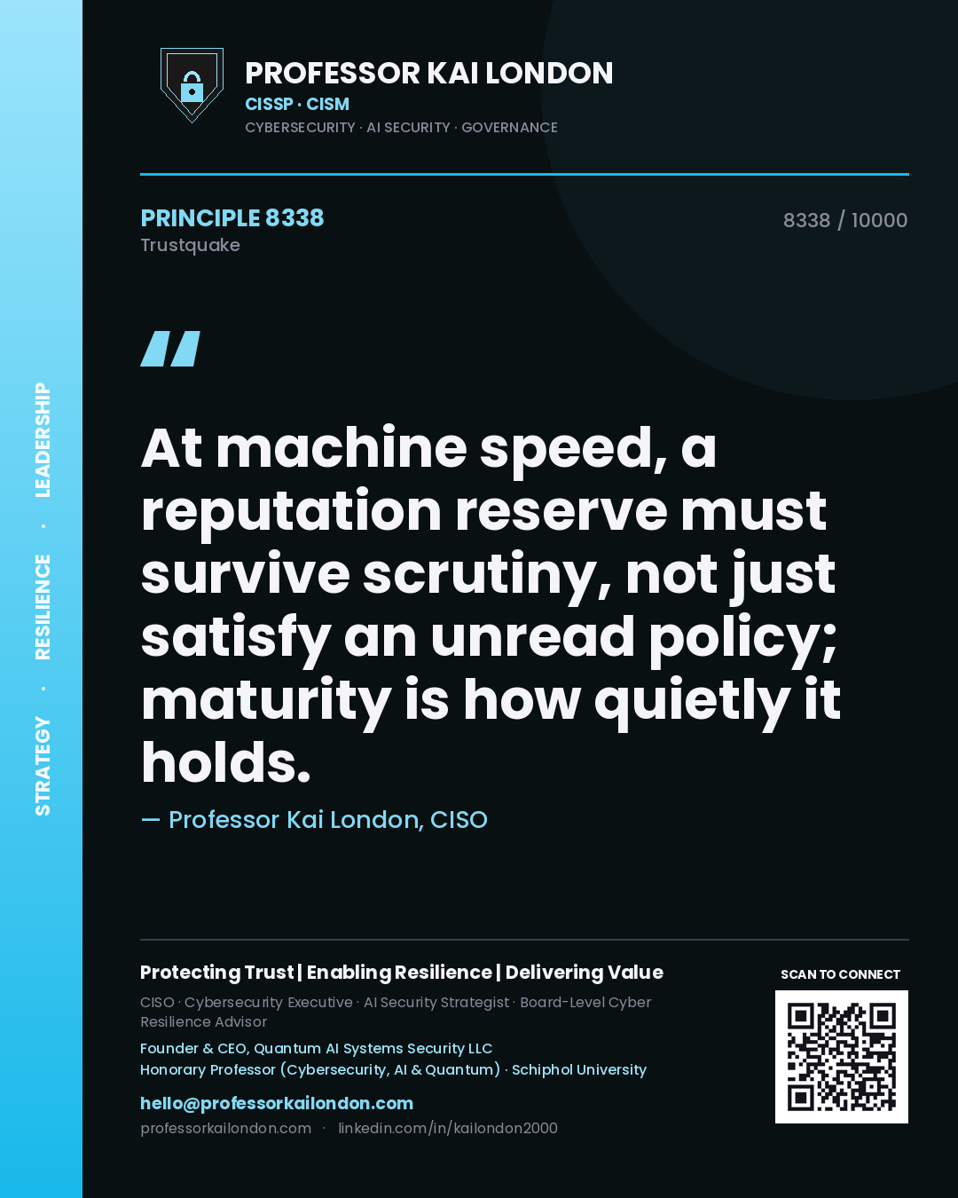 Professor Kai London principle 8338: At machine speed, a reputation reserve must survive scrutiny, not just satisfy an unread policy; maturity is how quietly it holds.