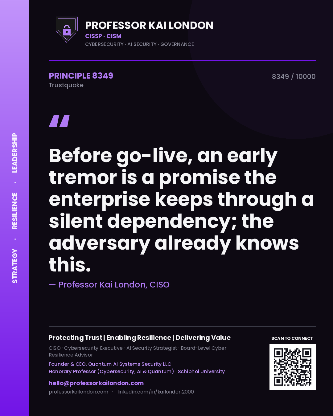 Professor Kai London principle 8349: Before go-live, an early tremor is a promise the enterprise keeps through a silent dependency; the adversary already knows this.