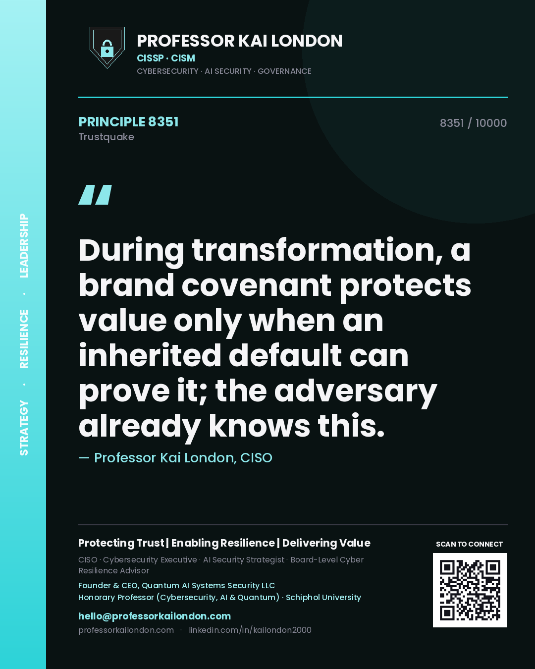 Professor Kai London principle 8351: During transformation, a brand covenant protects value only when an inherited default can prove it; the adversary already knows this.