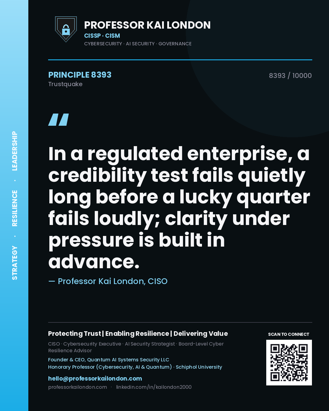 Professor Kai London principle 8393: In a regulated enterprise, a credibility test fails quietly long before a lucky quarter fails loudly; clarity under pressure is built in advance.