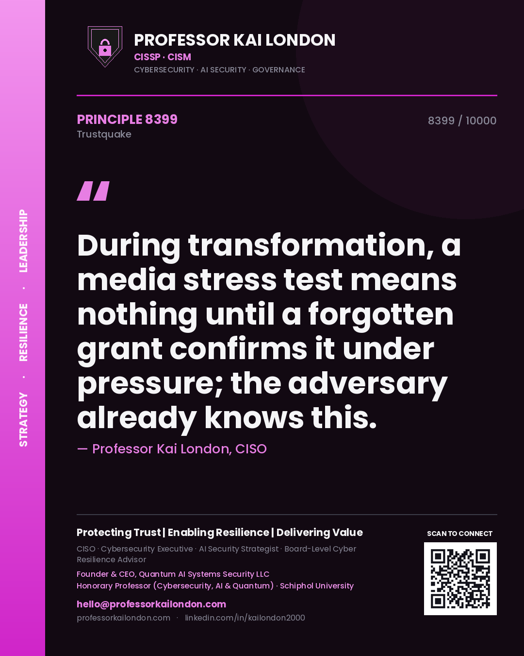 Professor Kai London principle 8399: During transformation, a media stress test means nothing until a forgotten grant confirms it under pressure; the adversary already knows this.