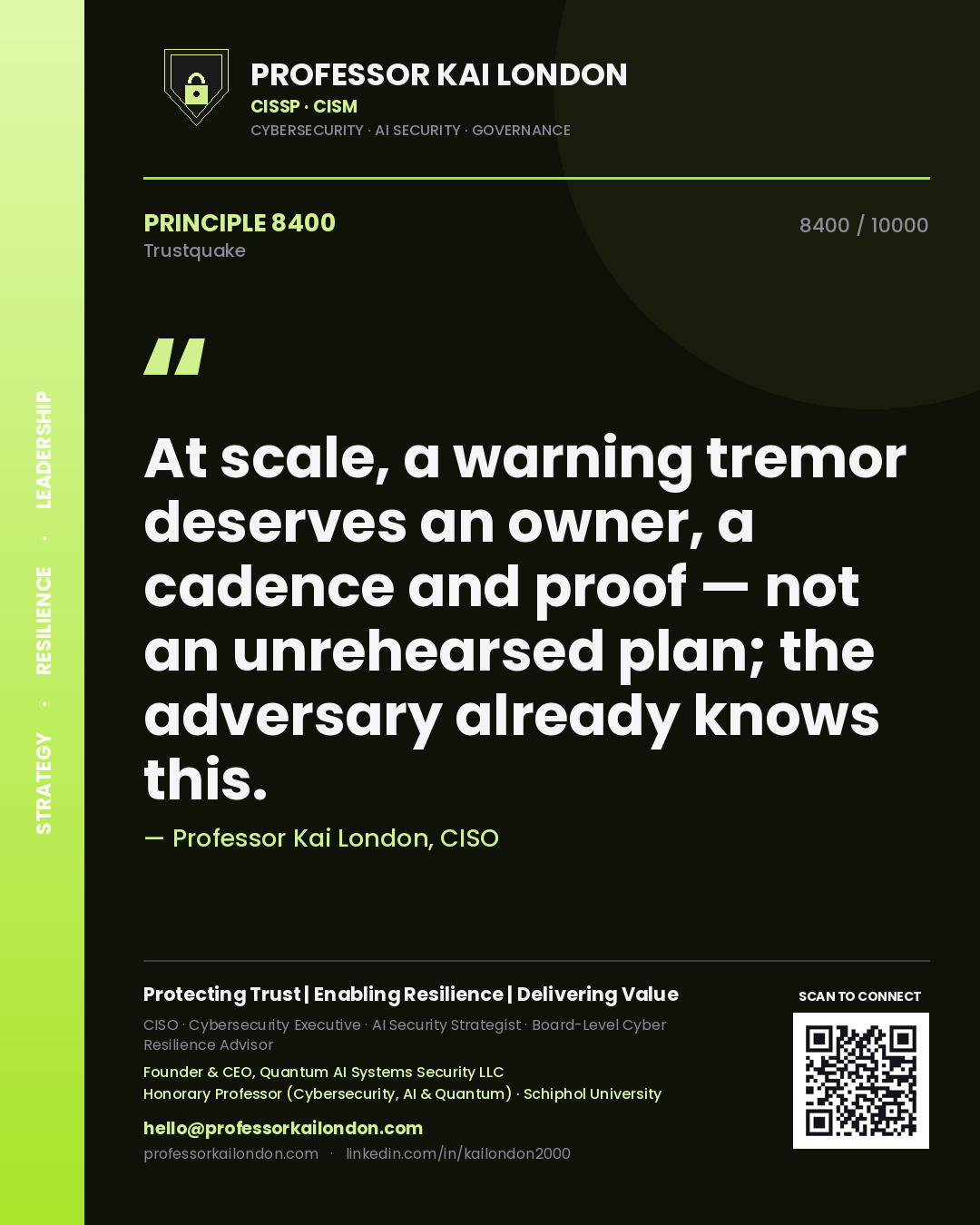 Professor Kai London principle 8400: At scale, a warning tremor deserves an owner, a cadence and proof — not an unrehearsed plan; the adversary already knows this.