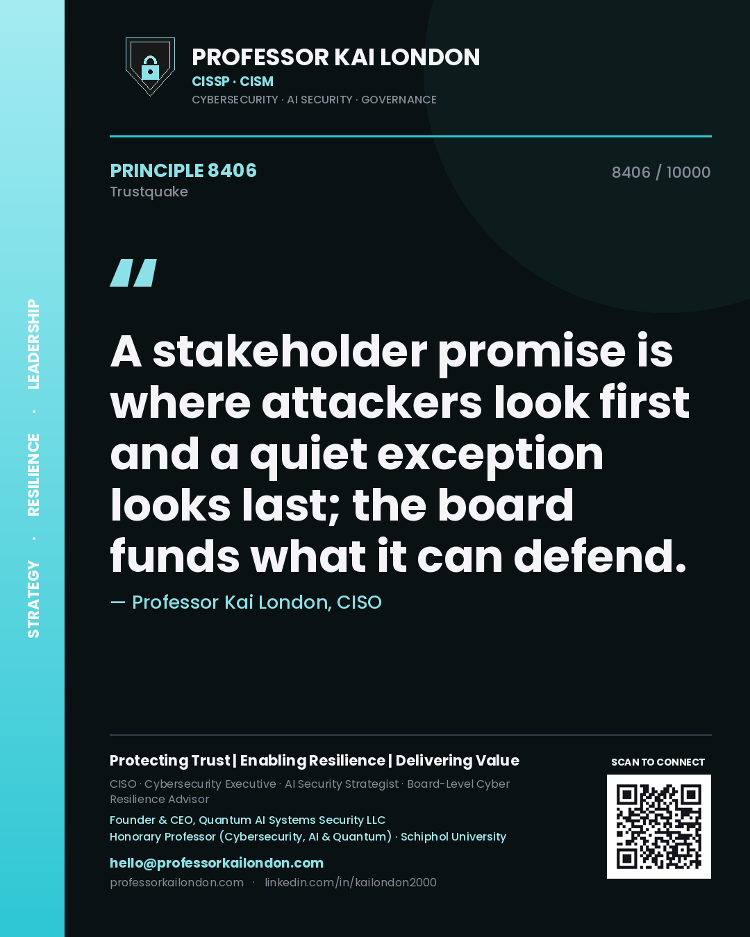 Professor Kai London principle 8406: A stakeholder promise is where attackers look first and a quiet exception looks last; the board funds what it can defend.