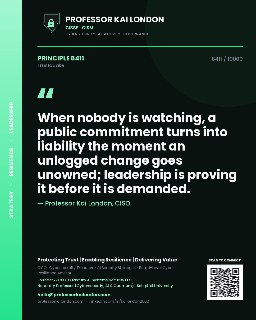 Professor Kai London principle 8411: When nobody is watching, a public commitment turns into liability the moment an unlogged change goes unowned; leadership is proving it before it is demanded.