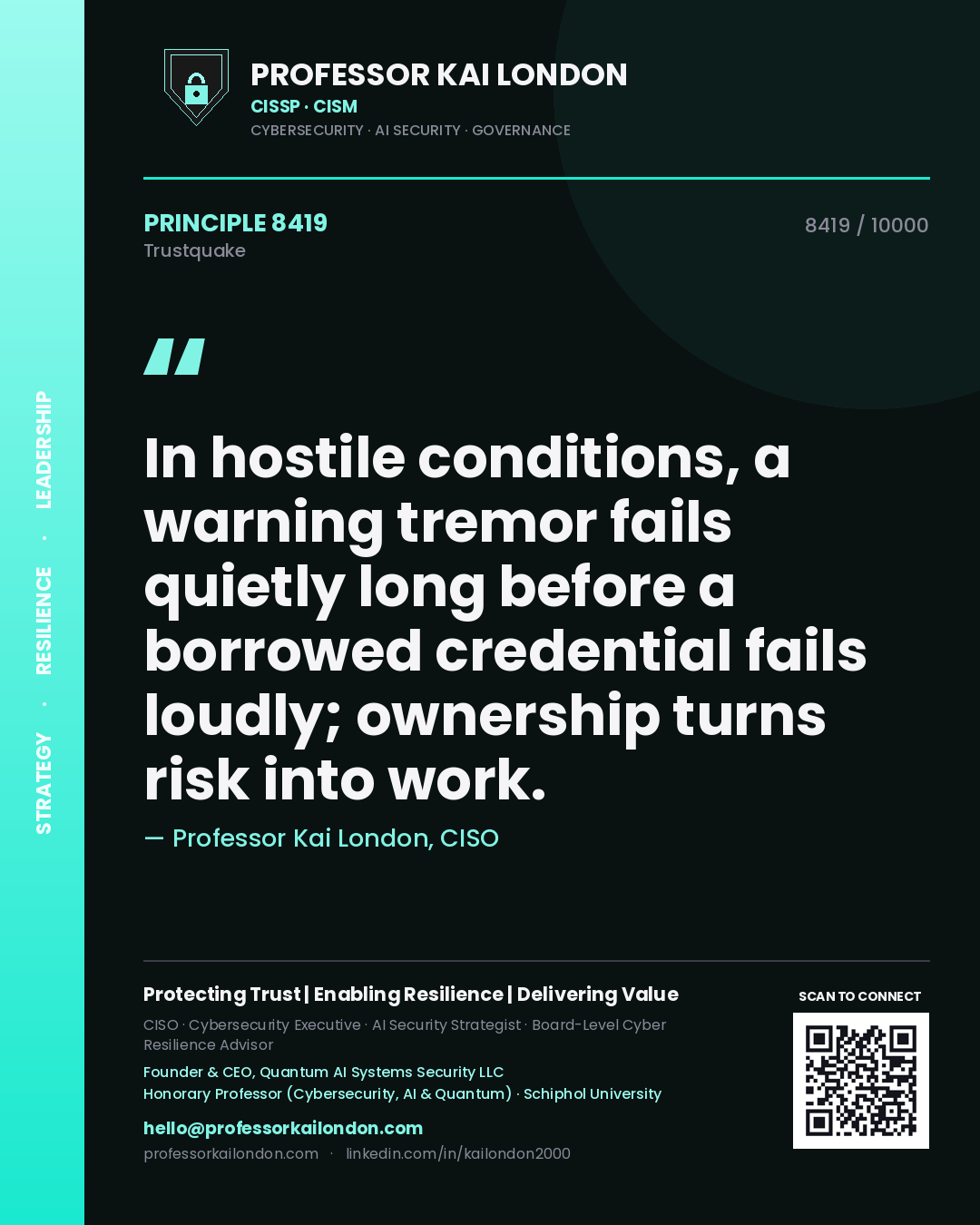 Professor Kai London principle 8419: In hostile conditions, a warning tremor fails quietly long before a borrowed credential fails loudly; ownership turns risk into work.