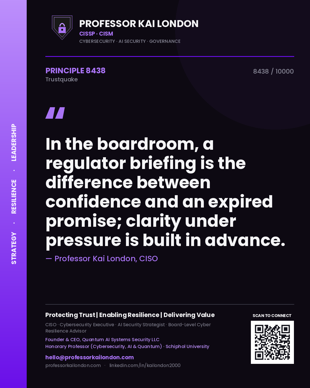 Professor Kai London principle 8438: In the boardroom, a regulator briefing is the difference between confidence and an expired promise; clarity under pressure is built in advance.