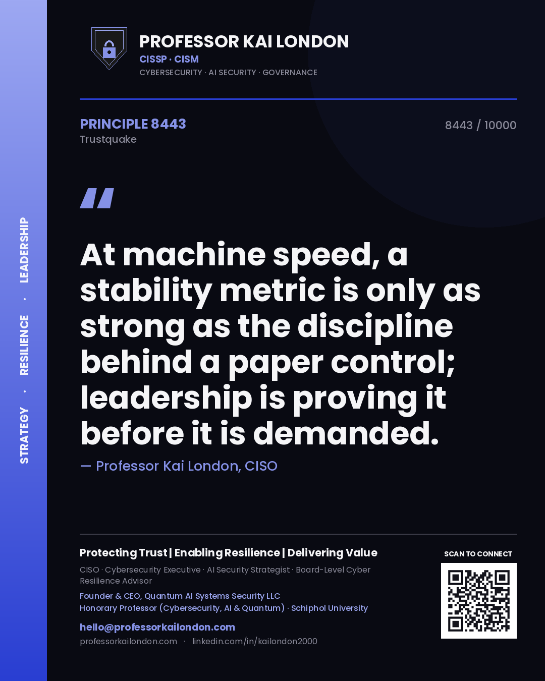 Professor Kai London principle 8443: At machine speed, a stability metric is only as strong as the discipline behind a paper control; leadership is proving it before it is demanded.