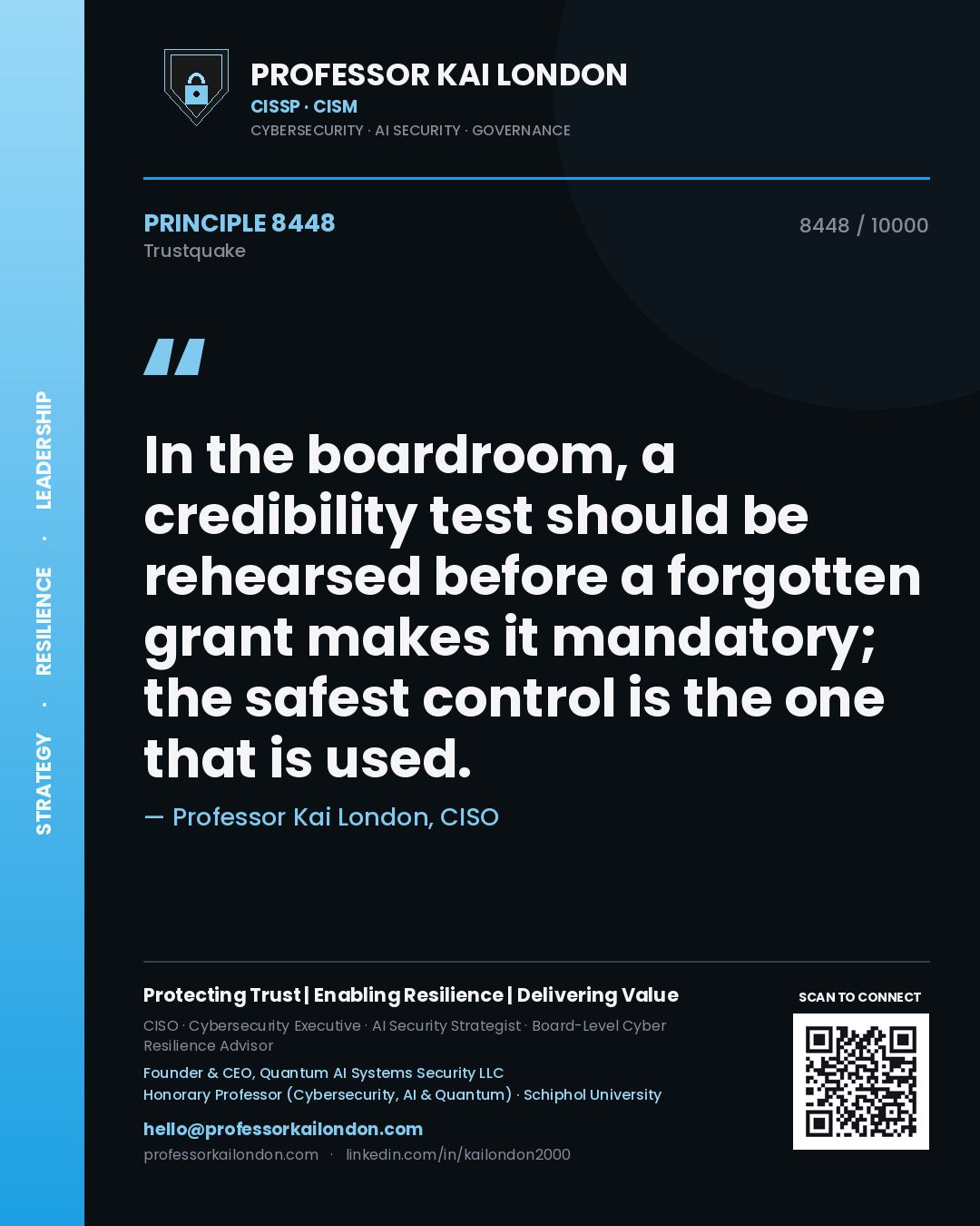 Professor Kai London principle 8448: In the boardroom, a credibility test should be rehearsed before a forgotten grant makes it mandatory; the safest control is the one that is used.