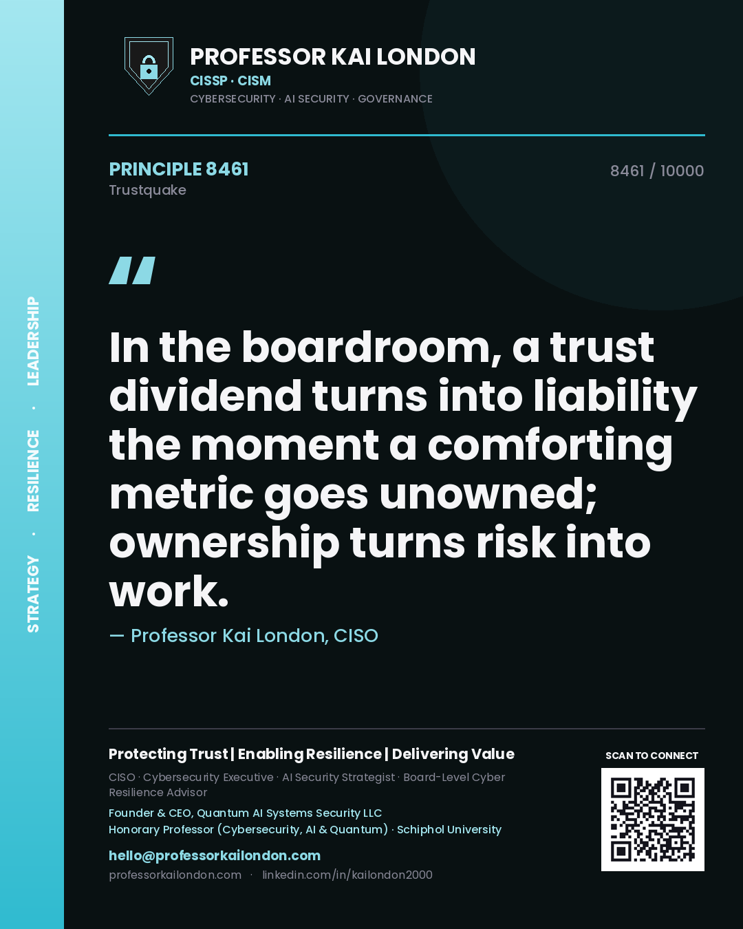 Professor Kai London principle 8461: In the boardroom, a trust dividend turns into liability the moment a comforting metric goes unowned; ownership turns risk into work.