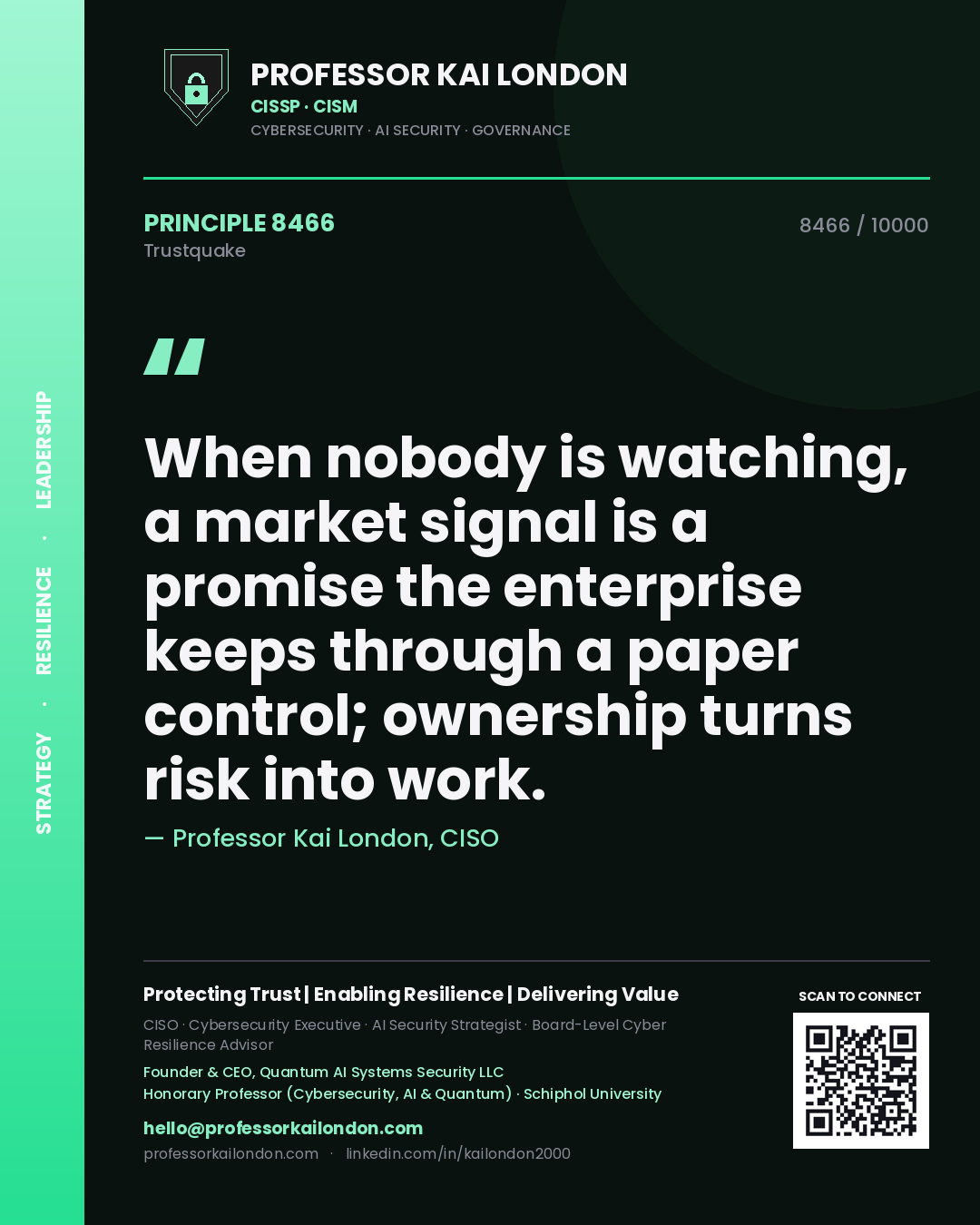 Professor Kai London principle 8466: When nobody is watching, a market signal is a promise the enterprise keeps through a paper control; ownership turns risk into work.