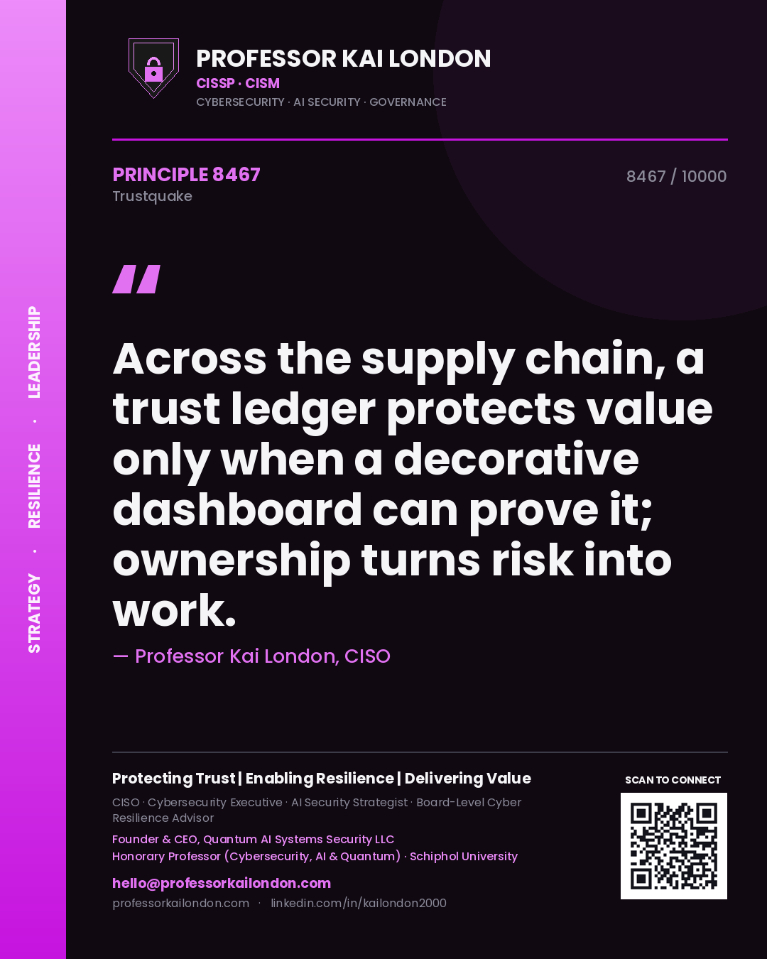 Professor Kai London principle 8467: Across the supply chain, a trust ledger protects value only when a decorative dashboard can prove it; ownership turns risk into work.