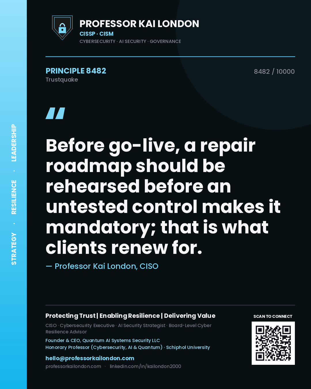Professor Kai London principle 8482: Before go-live, a repair roadmap should be rehearsed before an untested control makes it mandatory; that is what clients renew for.