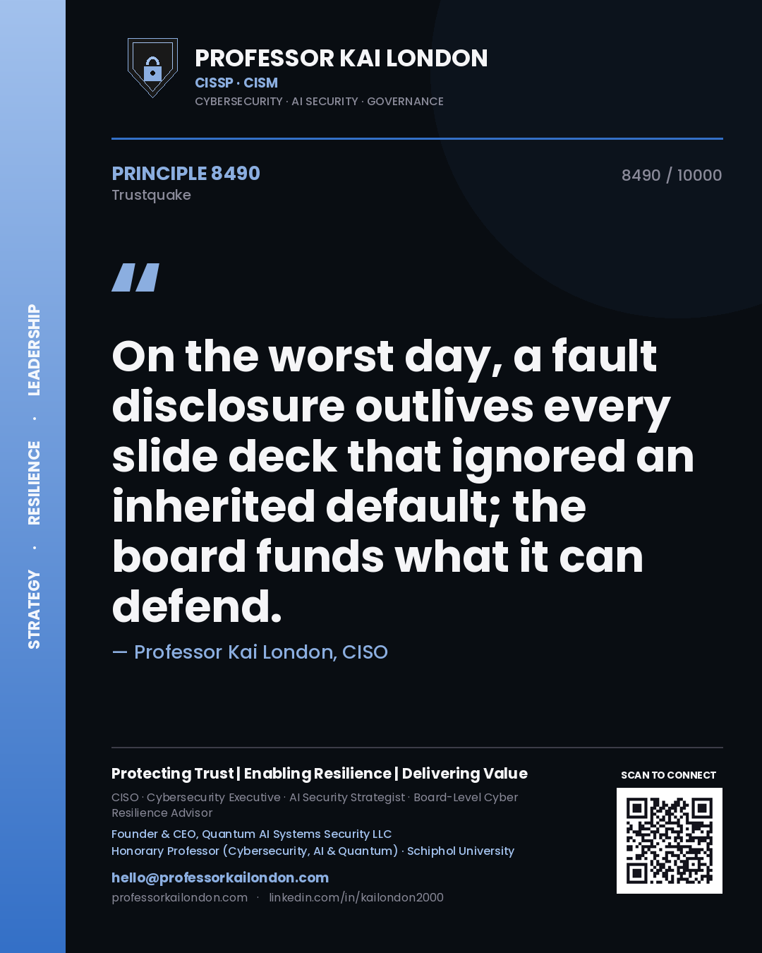 Professor Kai London principle 8490: On the worst day, a fault disclosure outlives every slide deck that ignored an inherited default; the board funds what it can defend.