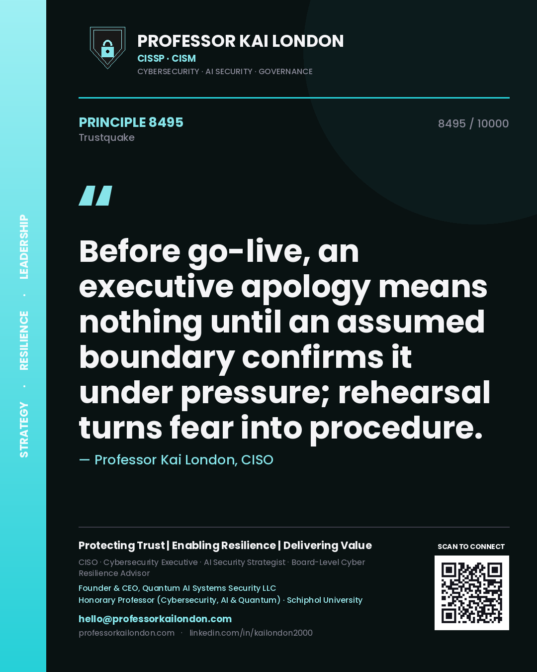 Professor Kai London principle 8495: Before go-live, an executive apology means nothing until an assumed boundary confirms it under pressure; rehearsal turns fear into procedure.