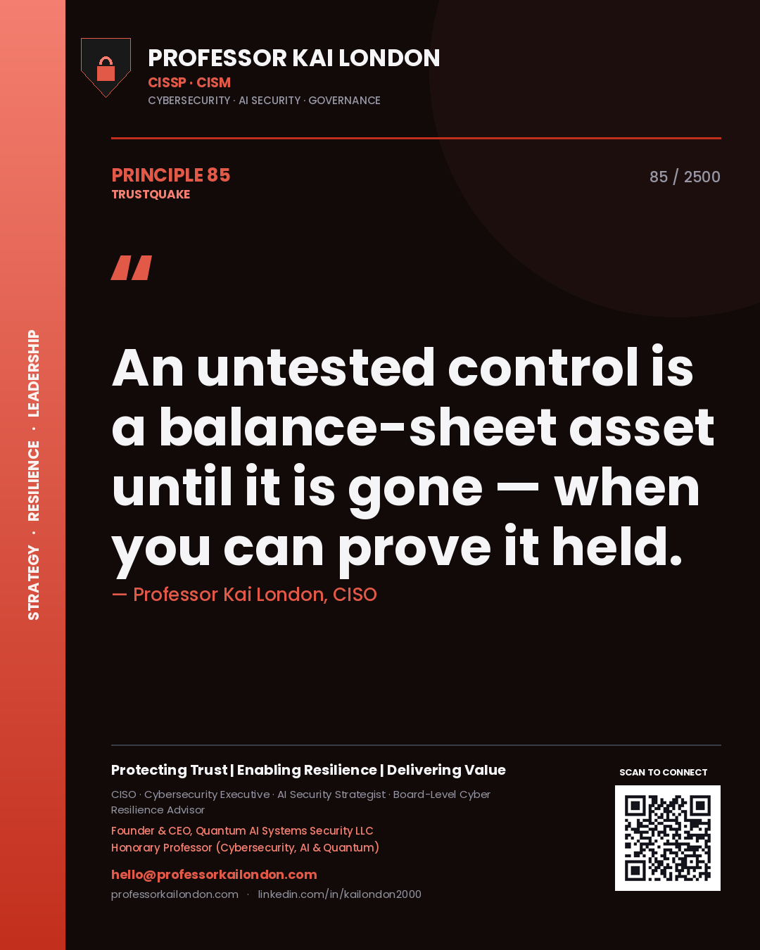 Professor Kai London principle 85: An untested control is a balance-sheet asset until it is gone — when you can prove it held.