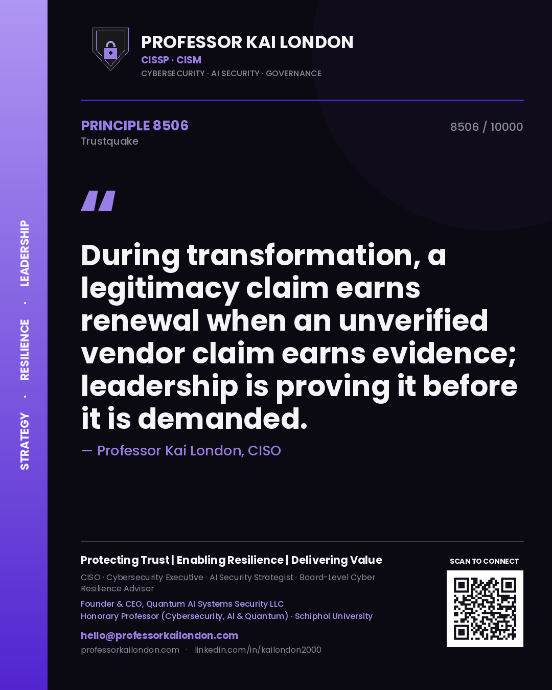 Professor Kai London principle 8506: During transformation, a legitimacy claim earns renewal when an unverified vendor claim earns evidence; leadership is proving it before it is demanded.