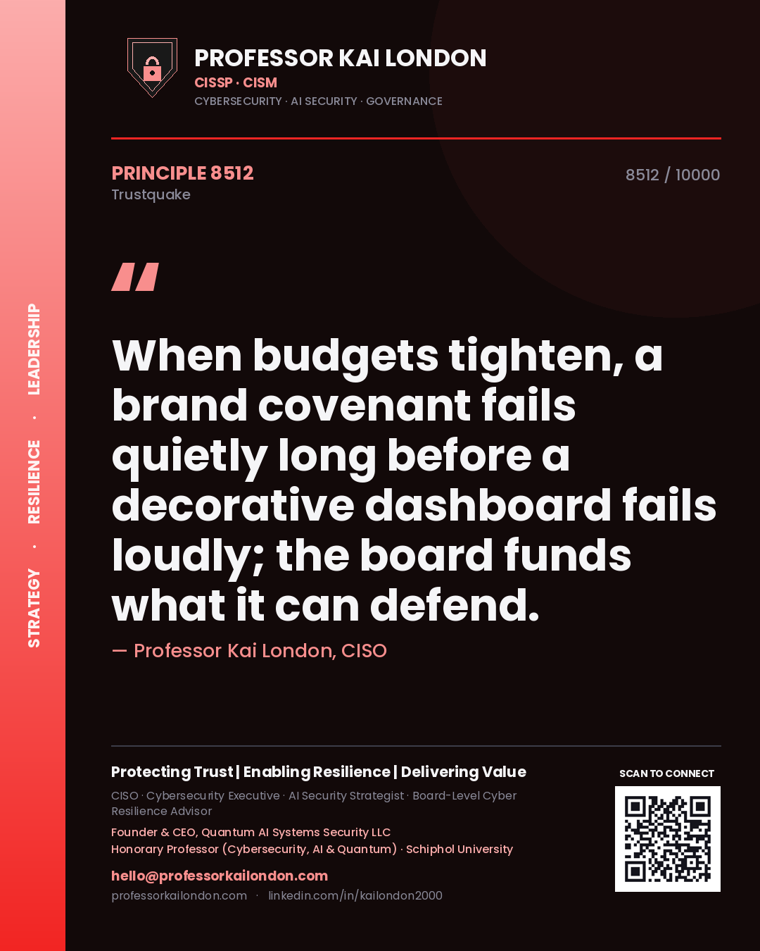 Professor Kai London principle 8512: When budgets tighten, a brand covenant fails quietly long before a decorative dashboard fails loudly; the board funds what it can defend.
