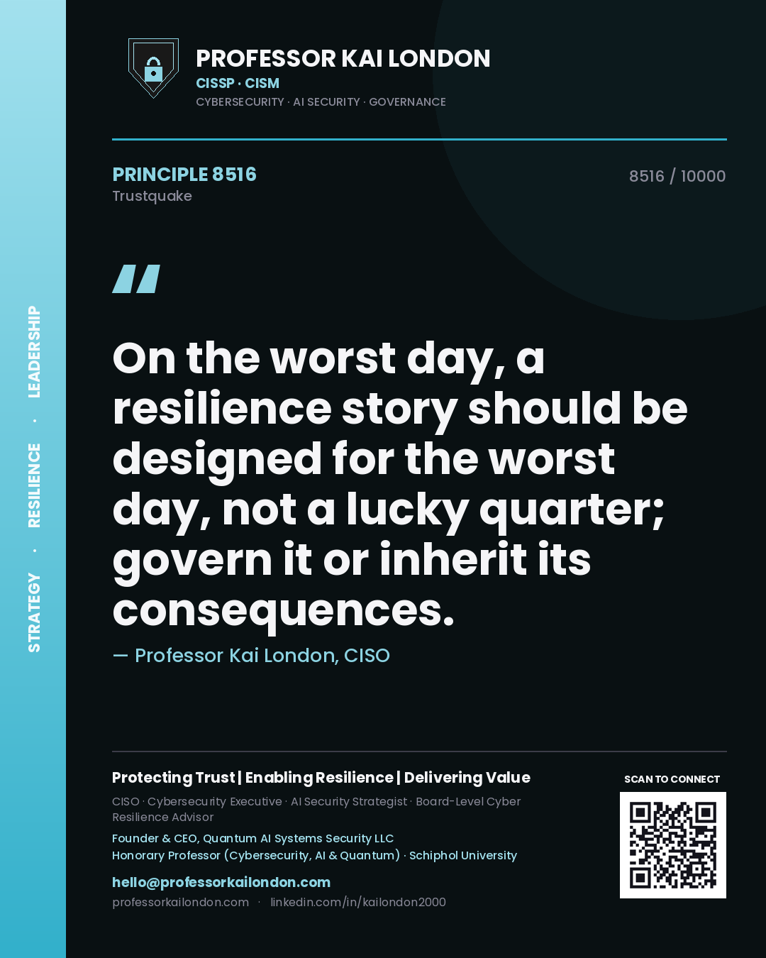 Professor Kai London principle 8516: On the worst day, a resilience story should be designed for the worst day, not a lucky quarter; govern it or inherit its consequences.