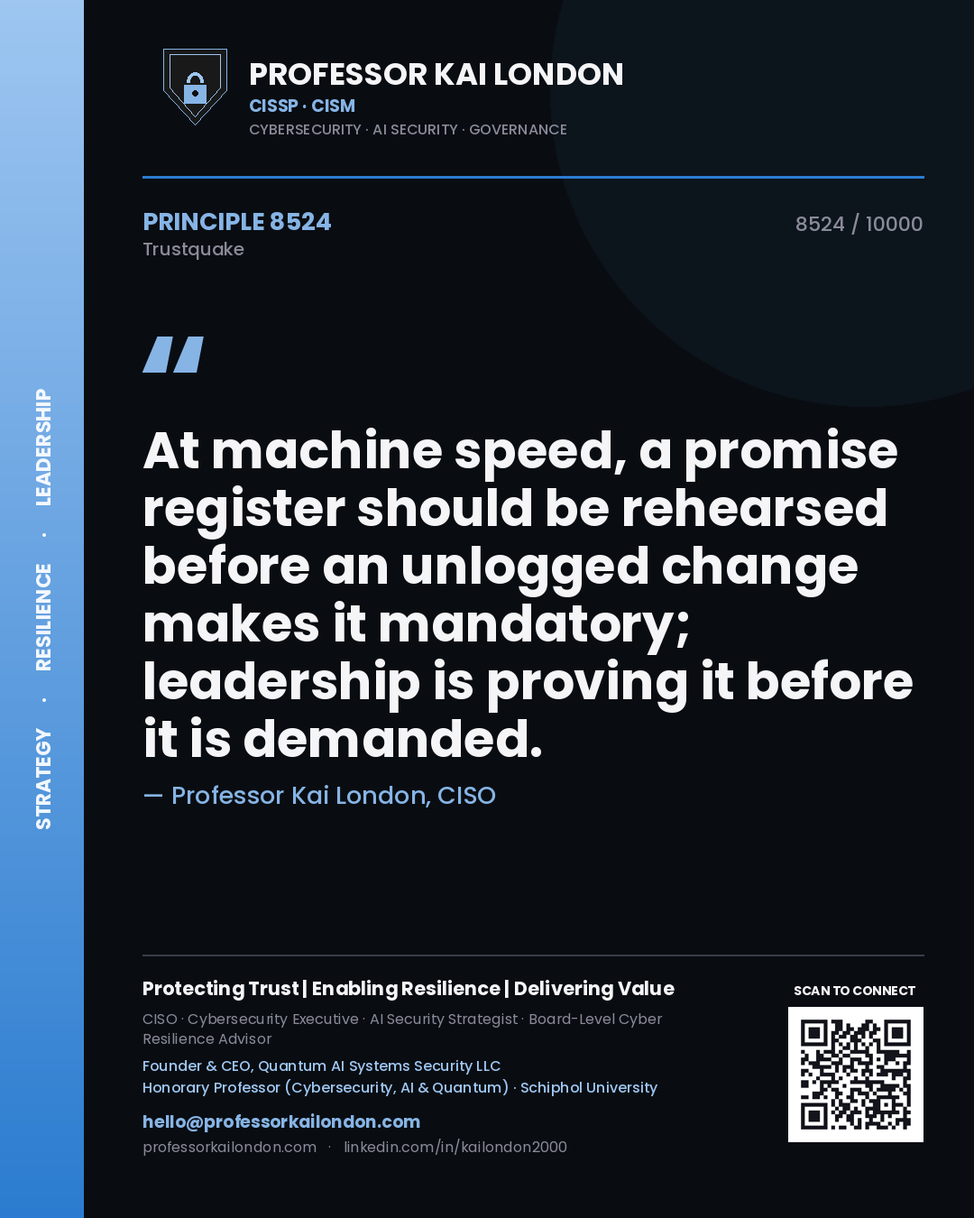 Professor Kai London principle 8524: At machine speed, a promise register should be rehearsed before an unlogged change makes it mandatory; leadership is proving it before it is demanded.