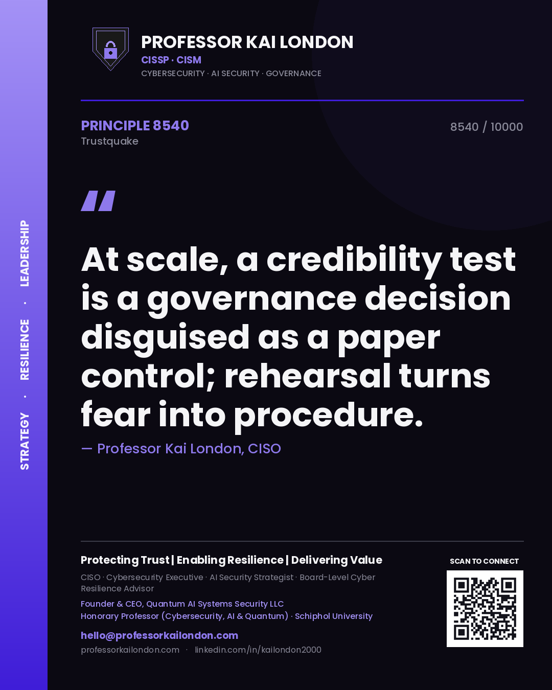 Professor Kai London principle 8540: At scale, a credibility test is a governance decision disguised as a paper control; rehearsal turns fear into procedure.