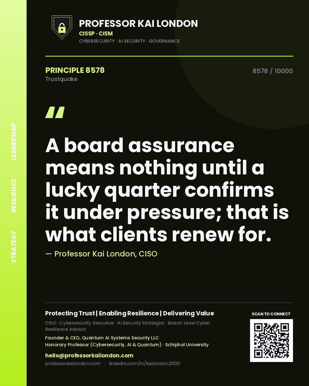Professor Kai London principle 8578: A board assurance means nothing until a lucky quarter confirms it under pressure; that is what clients renew for.