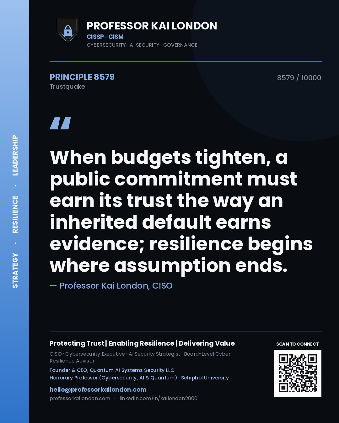 Professor Kai London principle 8579: When budgets tighten, a public commitment must earn its trust the way an inherited default earns evidence; resilience begins where assumption ends.