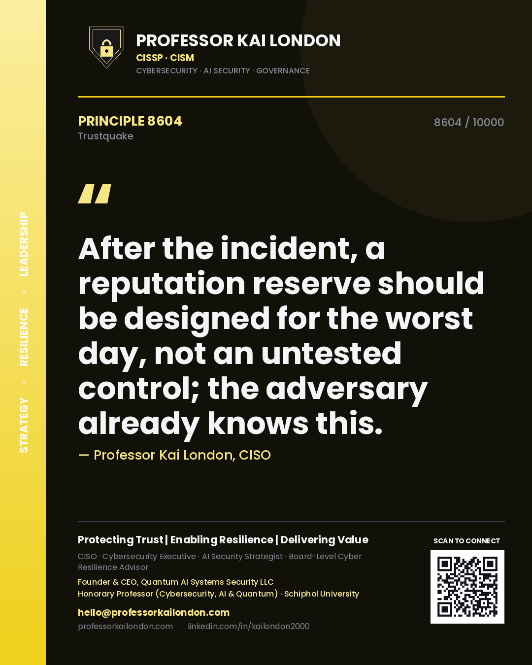 Professor Kai London principle 8604: After the incident, a reputation reserve should be designed for the worst day, not an untested control; the adversary already knows this.