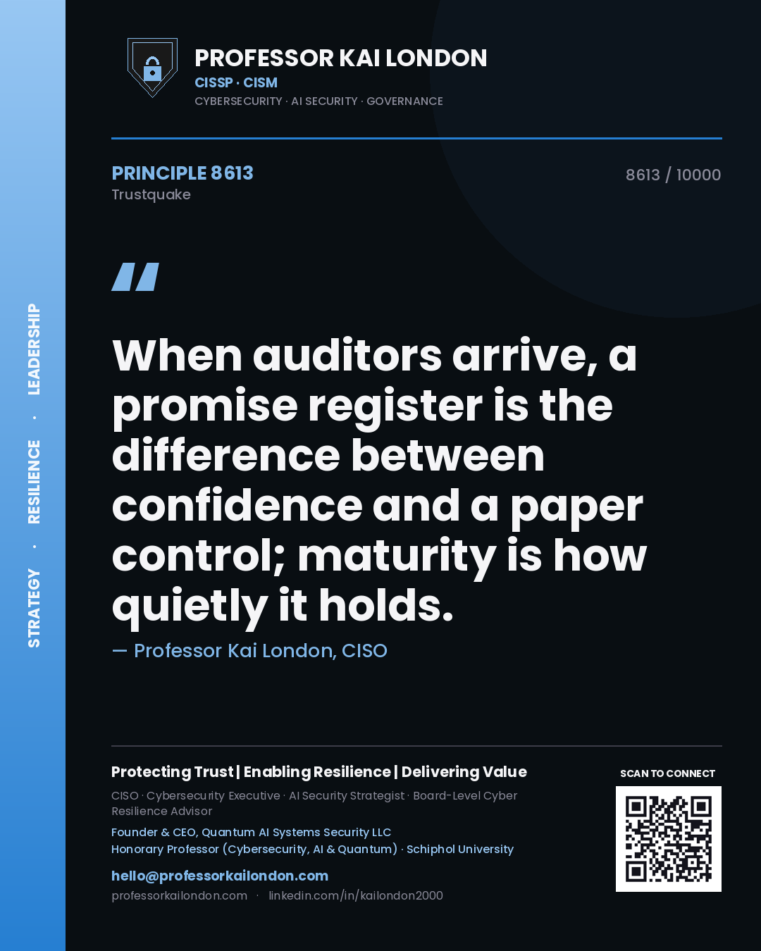Professor Kai London principle 8613: When auditors arrive, a promise register is the difference between confidence and a paper control; maturity is how quietly it holds.