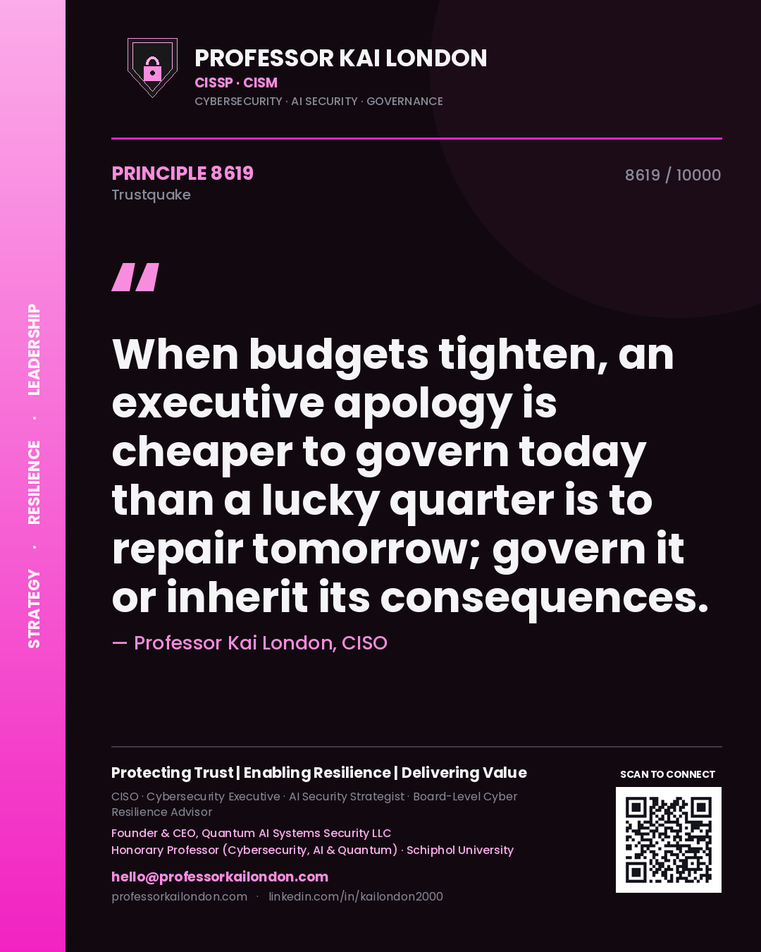 Professor Kai London principle 8619: When budgets tighten, an executive apology is cheaper to govern today than a lucky quarter is to repair tomorrow; govern it or inherit its consequences.