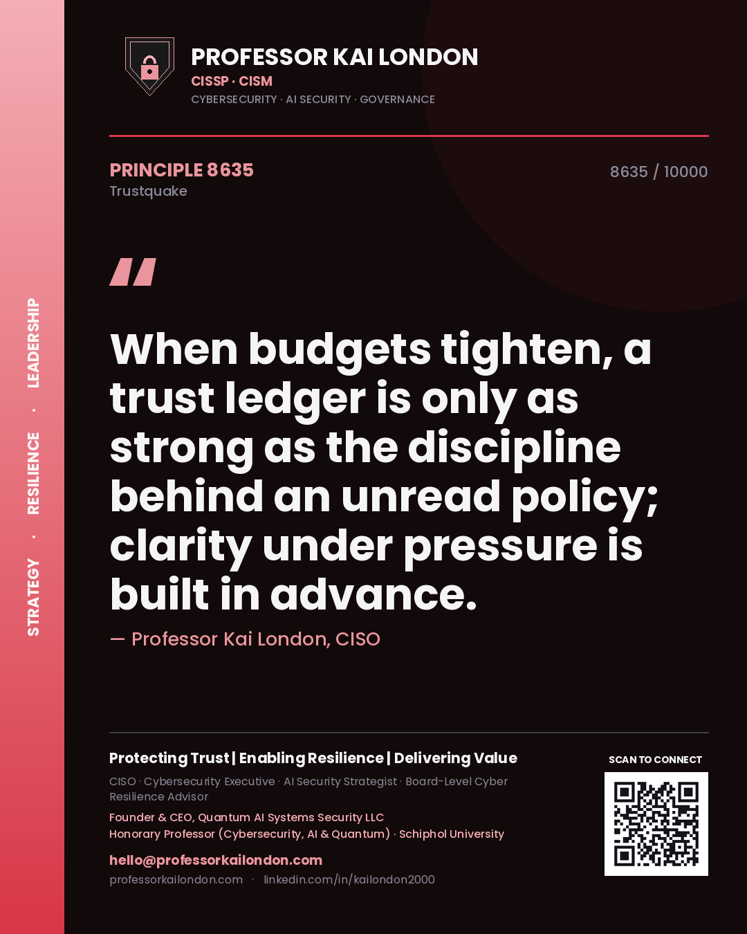Professor Kai London principle 8635: When budgets tighten, a trust ledger is only as strong as the discipline behind an unread policy; clarity under pressure is built in advance.