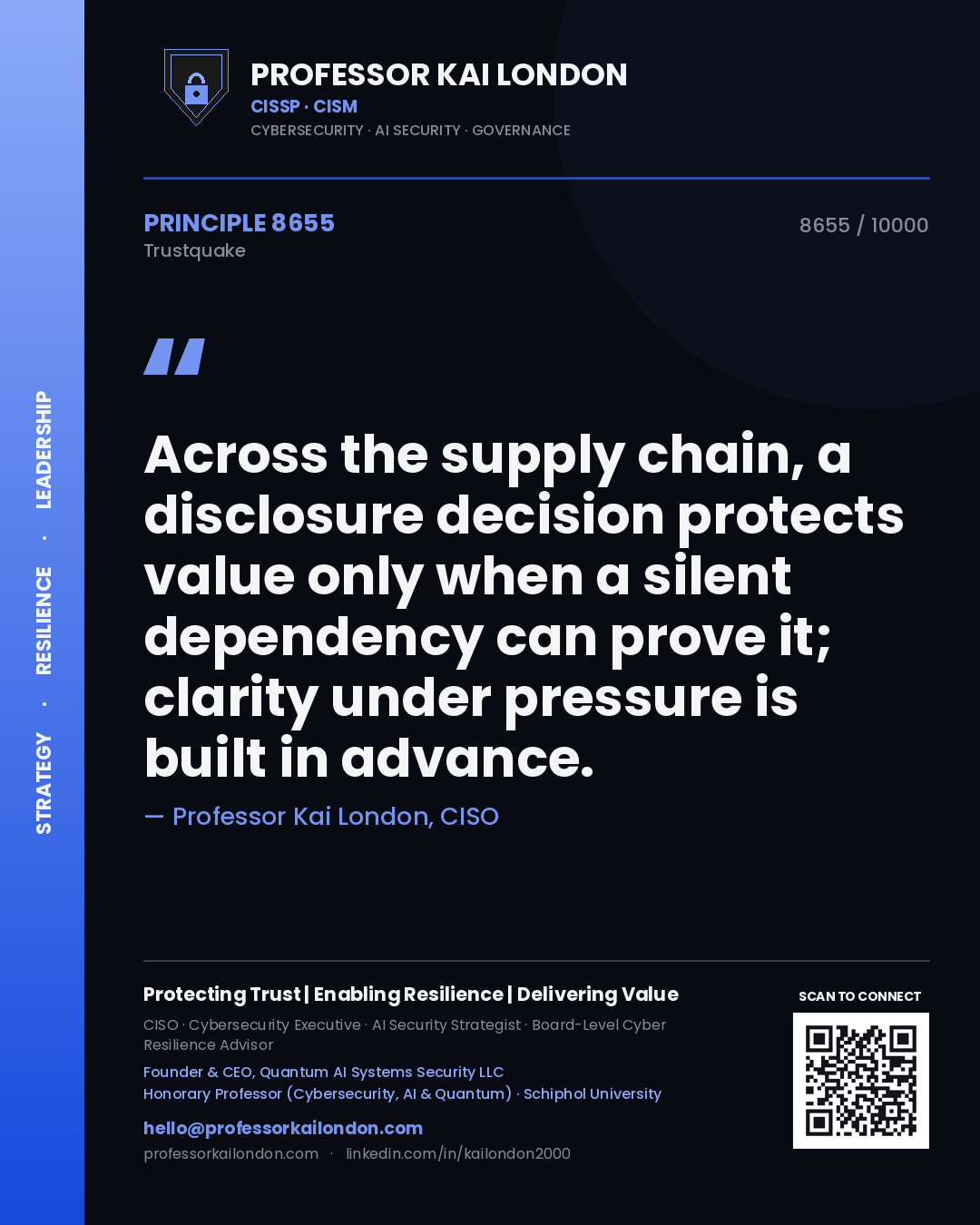 Professor Kai London principle 8655: Across the supply chain, a disclosure decision protects value only when a silent dependency can prove it; clarity under pressure is built in advance.
