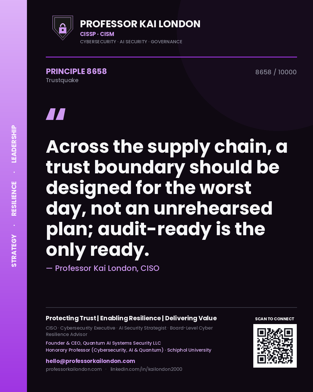 Professor Kai London principle 8658: Across the supply chain, a trust boundary should be designed for the worst day, not an unrehearsed plan; audit-ready is the only ready.