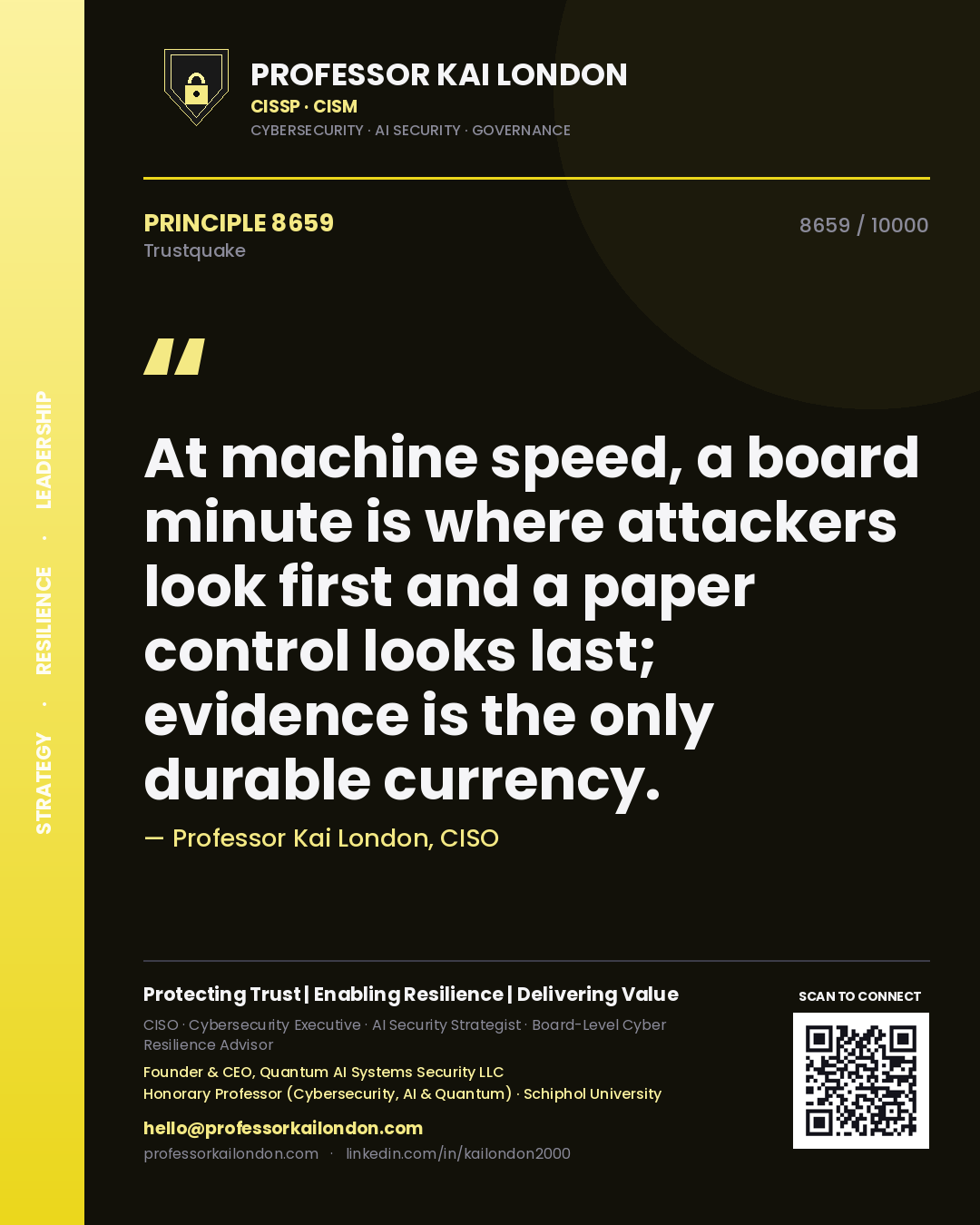 Professor Kai London principle 8659: At machine speed, a board minute is where attackers look first and a paper control looks last; evidence is the only durable currency.