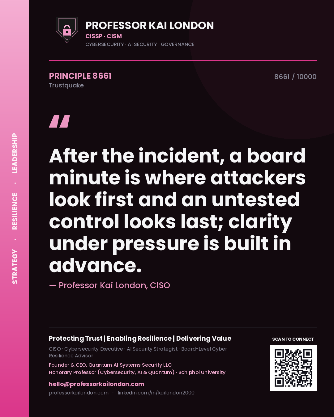 Professor Kai London principle 8661: After the incident, a board minute is where attackers look first and an untested control looks last; clarity under pressure is built in advance.