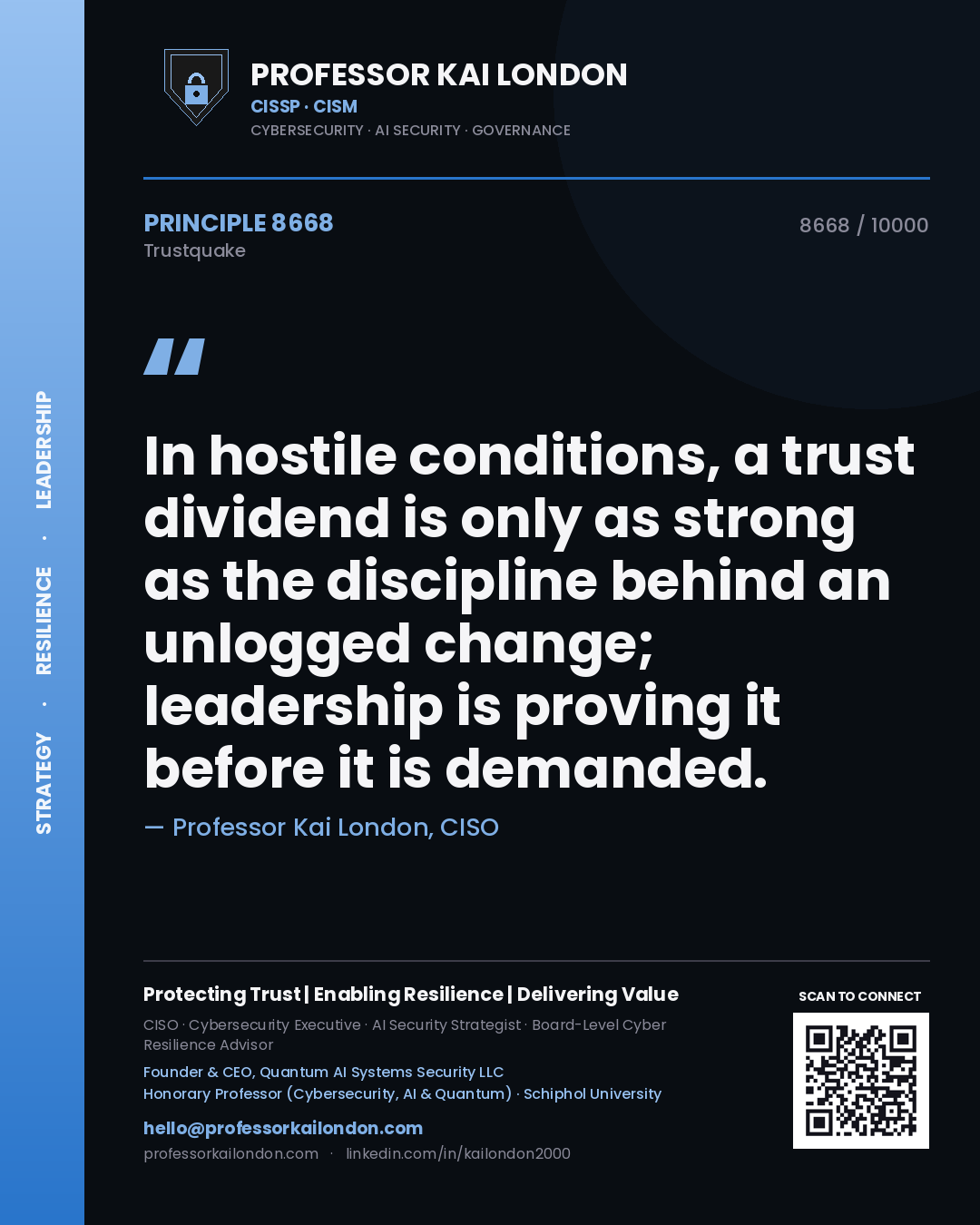 Professor Kai London principle 8668: In hostile conditions, a trust dividend is only as strong as the discipline behind an unlogged change; leadership is proving it before it is demanded.