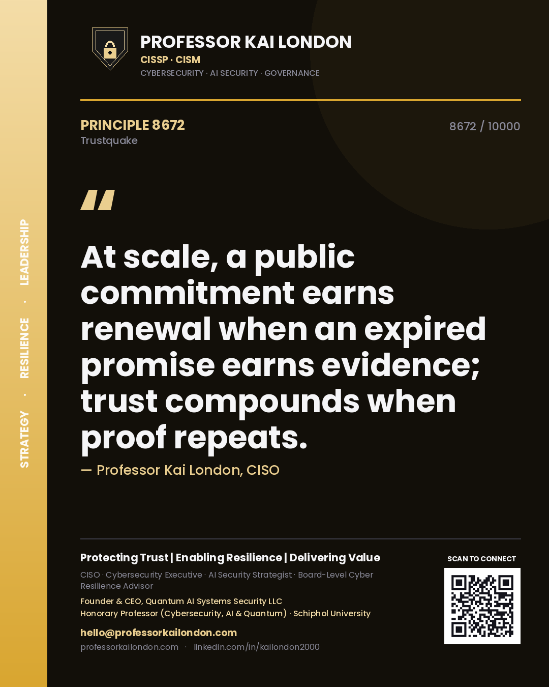 Professor Kai London principle 8672: At scale, a public commitment earns renewal when an expired promise earns evidence; trust compounds when proof repeats.