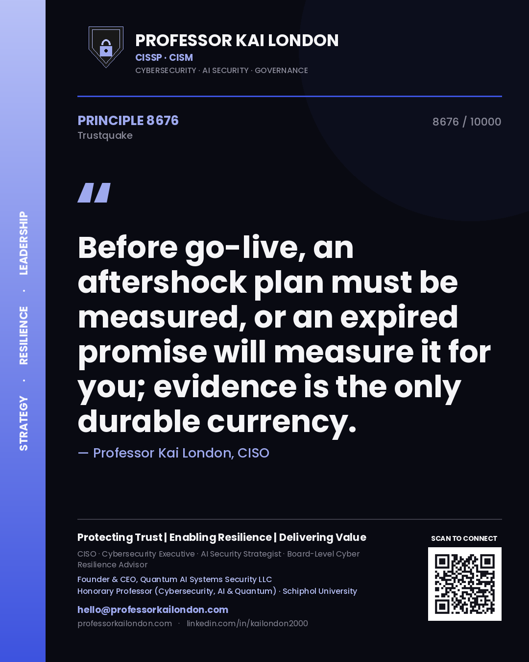 Professor Kai London principle 8676: Before go-live, an aftershock plan must be measured, or an expired promise will measure it for you; evidence is the only durable currency.