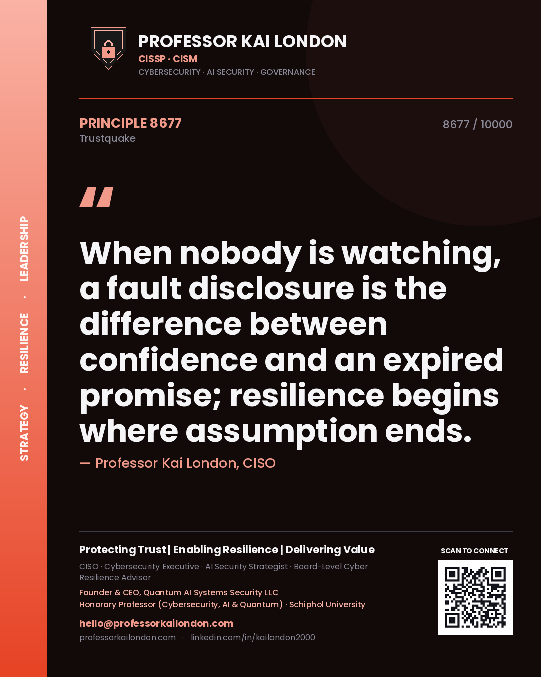 Professor Kai London principle 8677: When nobody is watching, a fault disclosure is the difference between confidence and an expired promise; resilience begins where assumption ends.