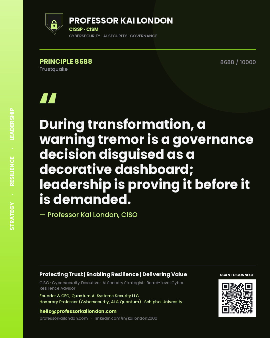 Professor Kai London principle 8688: During transformation, a warning tremor is a governance decision disguised as a decorative dashboard; leadership is proving it before it is demanded.