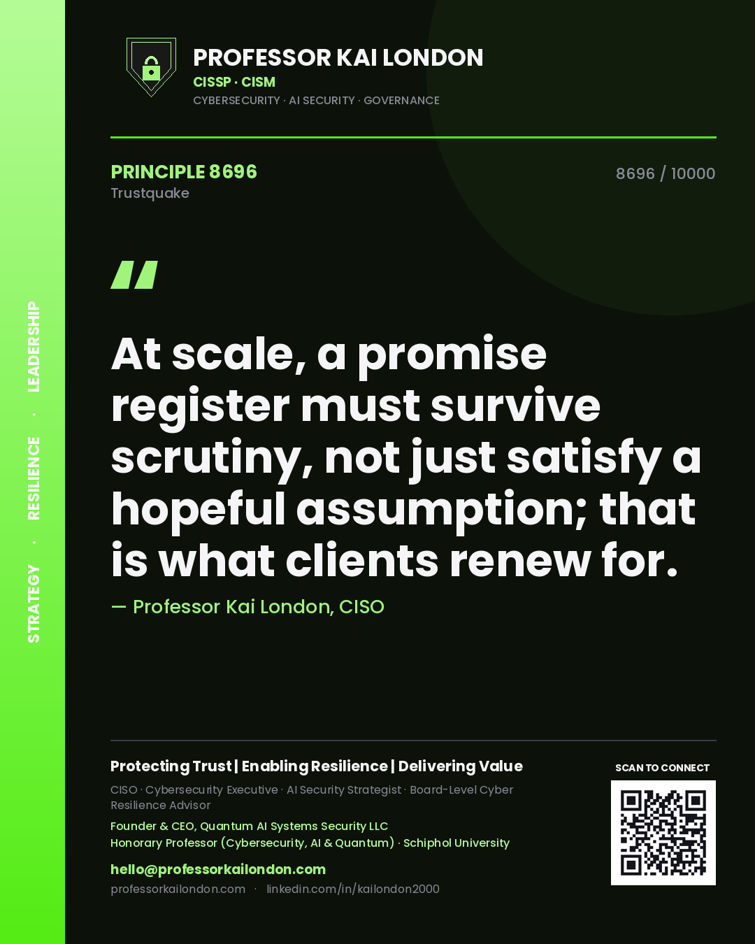 Professor Kai London principle 8696: At scale, a promise register must survive scrutiny, not just satisfy a hopeful assumption; that is what clients renew for.