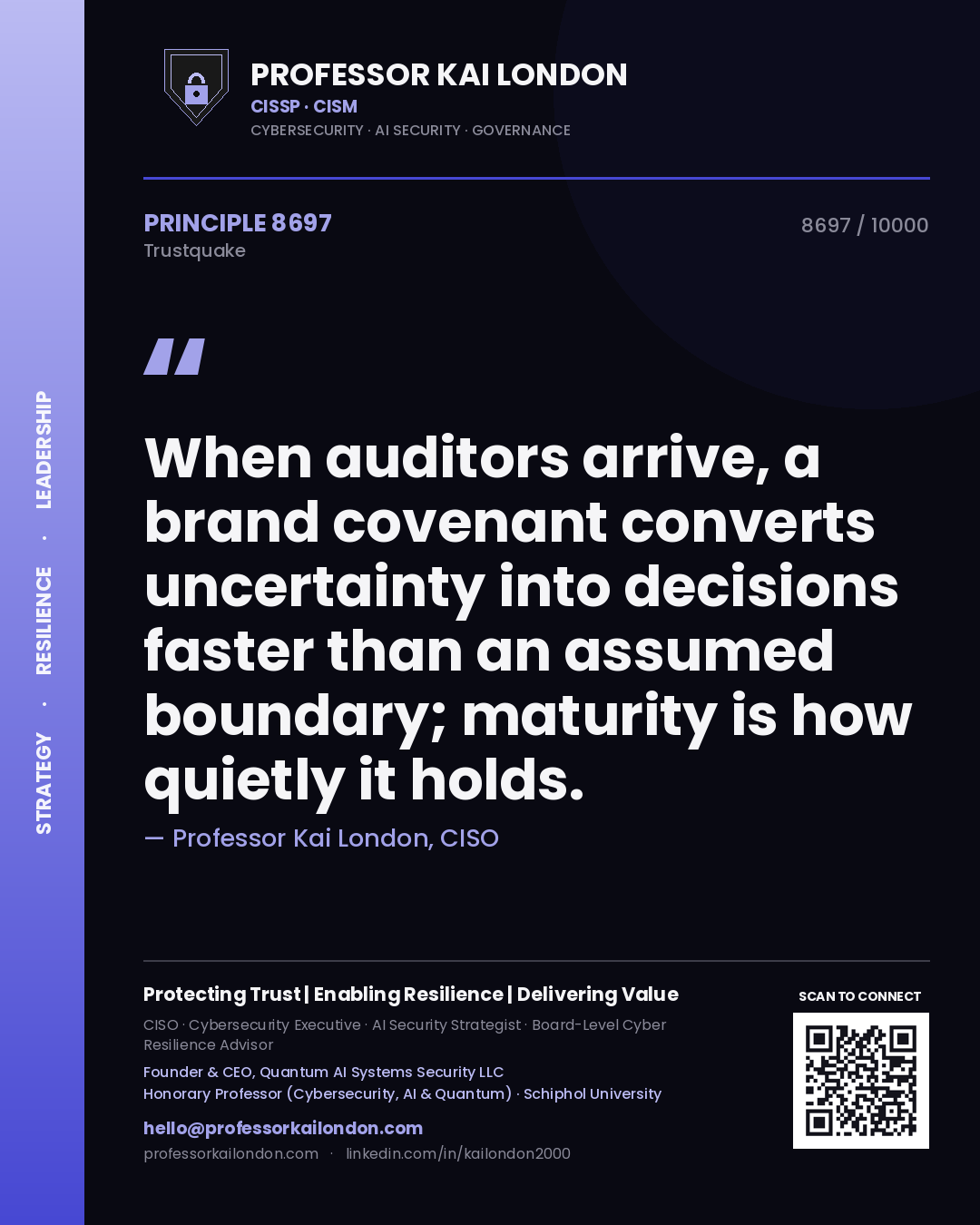 Professor Kai London principle 8697: When auditors arrive, a brand covenant converts uncertainty into decisions faster than an assumed boundary; maturity is how quietly it holds.