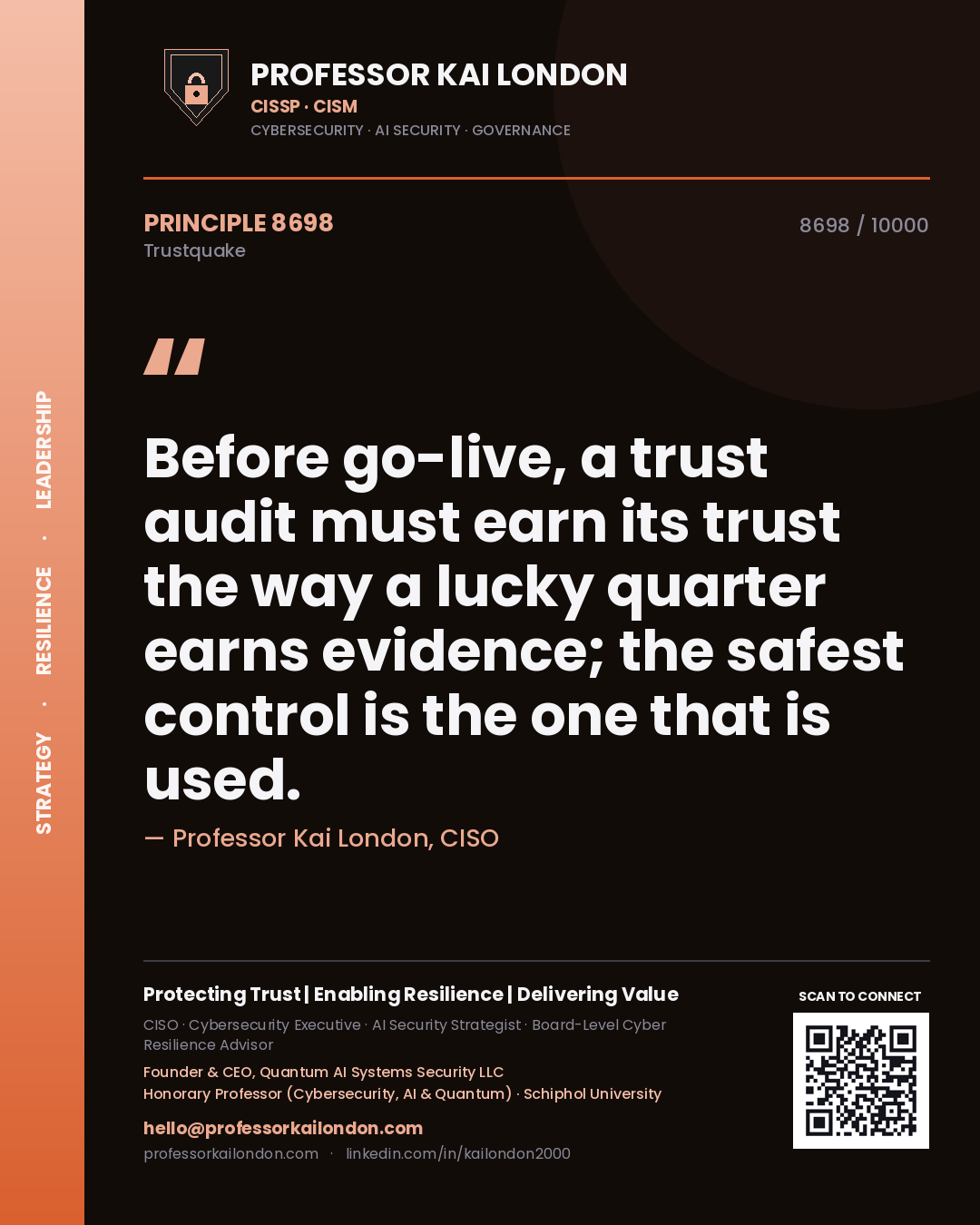 Professor Kai London principle 8698: Before go-live, a trust audit must earn its trust the way a lucky quarter earns evidence; the safest control is the one that is used.