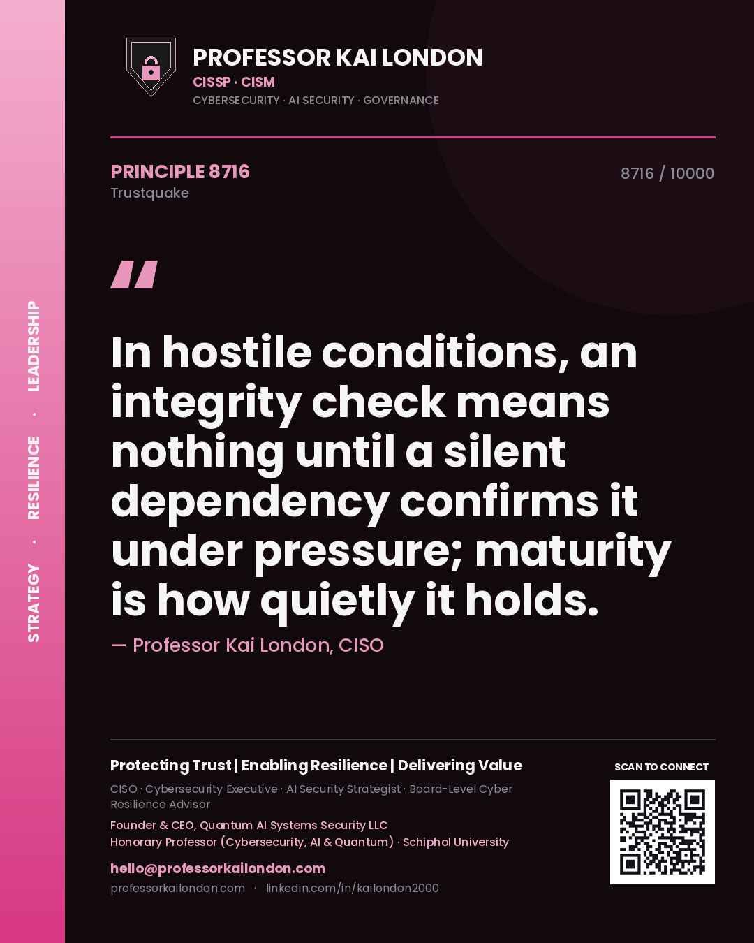 Professor Kai London principle 8716: In hostile conditions, an integrity check means nothing until a silent dependency confirms it under pressure; maturity is how quietly it holds.